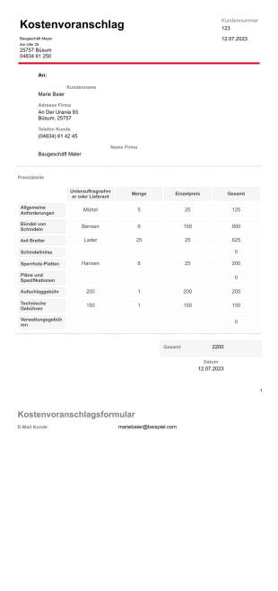 Vorlage Kostenvoranschlag - PDF-Vorlagen