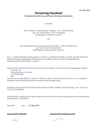 Vorvertrag Hauskauf PDF-Vorlage