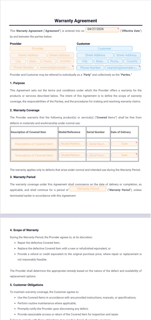 Warranty Agreement Template