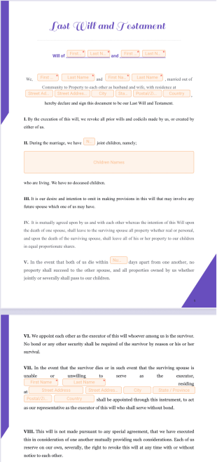 Will Form for Married Couple PDF Template