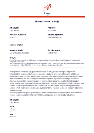 Zimmet Teslim Tutanağı PDF Şablonu