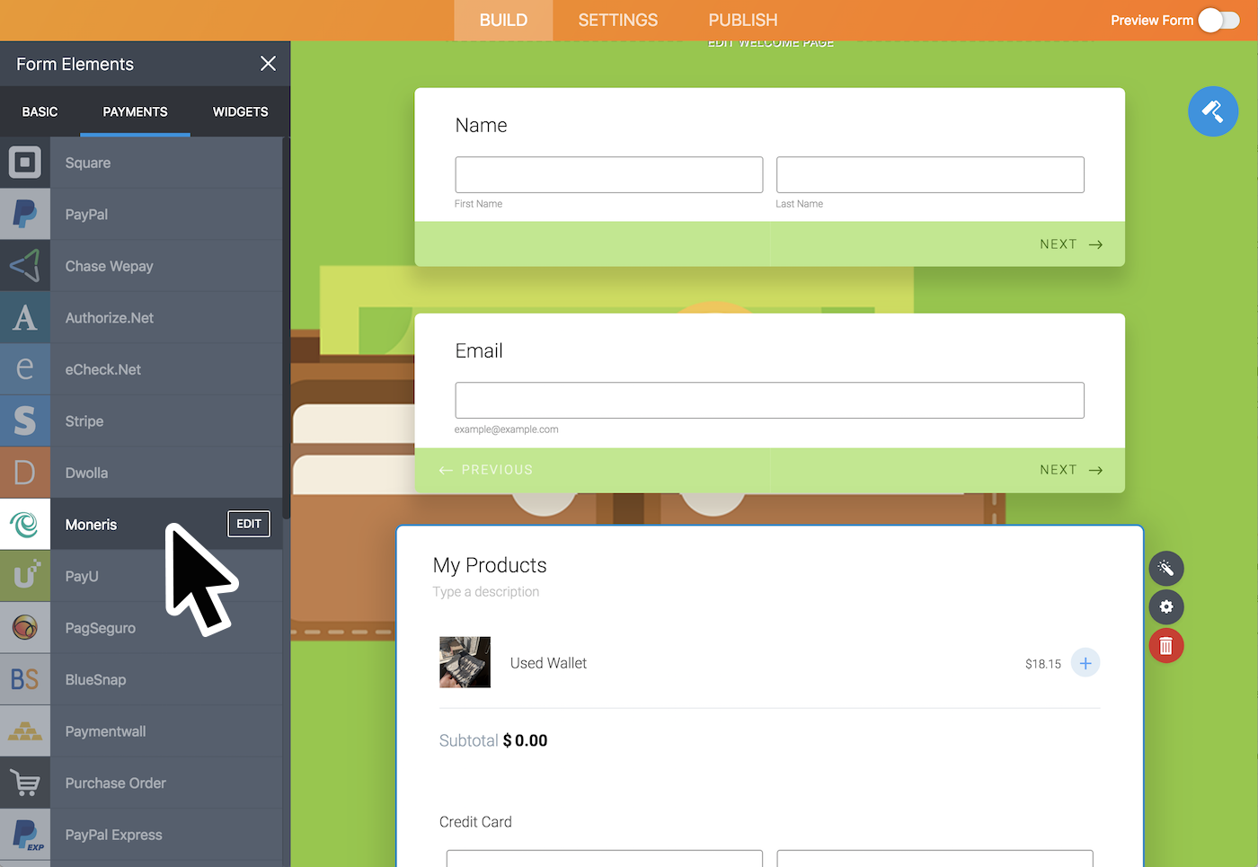 Find Moneris under the payments tab in Jotform