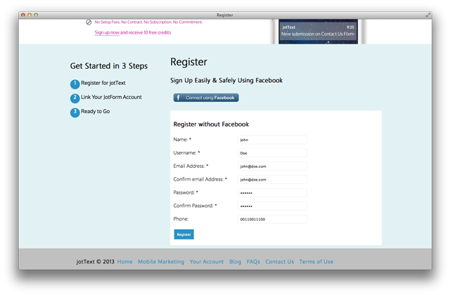 register with jottext