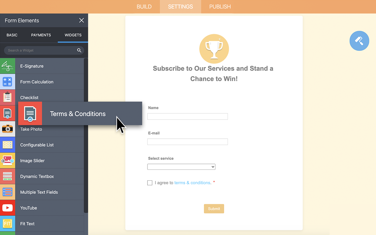 Terms and Conditions widget on Form Builder