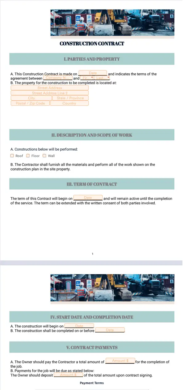 Template free-construction-contract-template