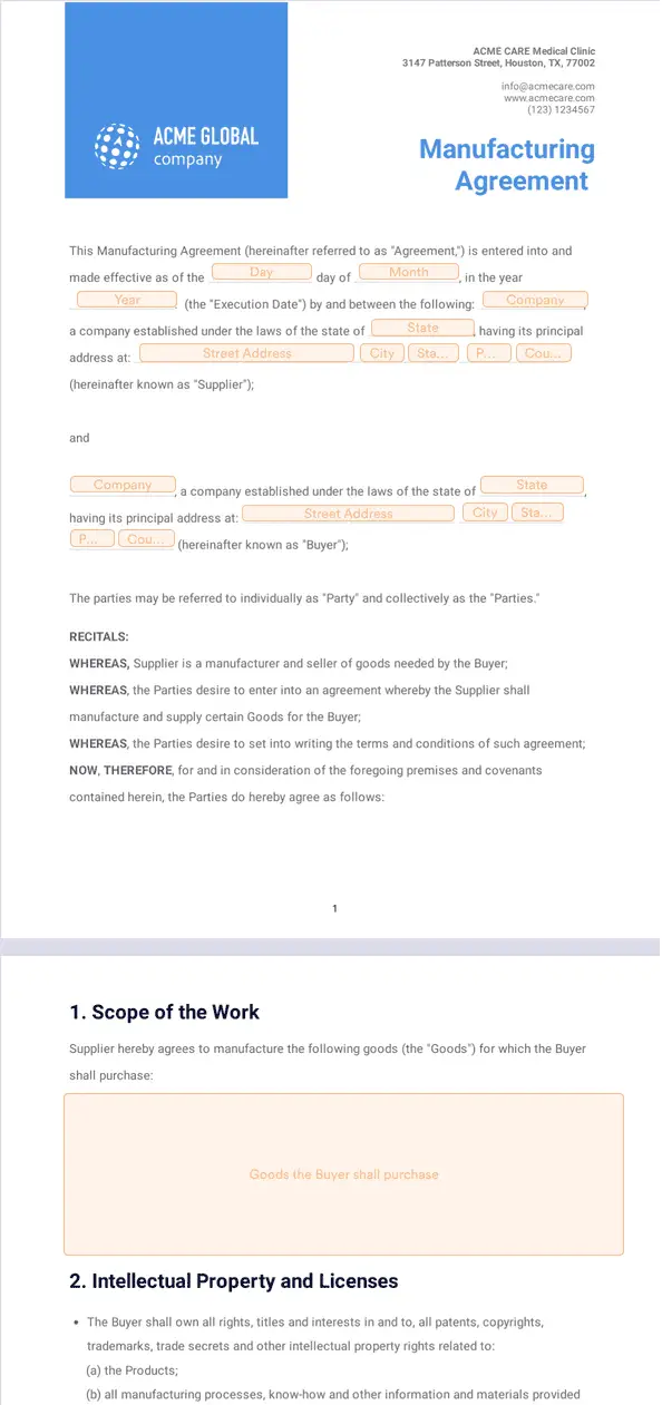 Template manufacturing-agreement
