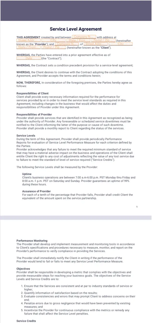 Template service-level-agreement-template