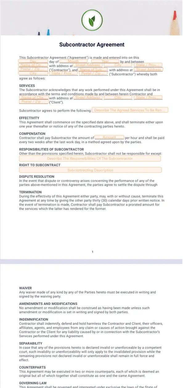 Template subcontractor-agreement