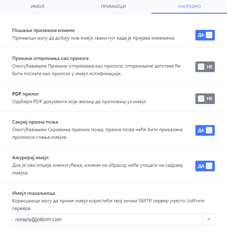 Напредно картица имејл обавештења