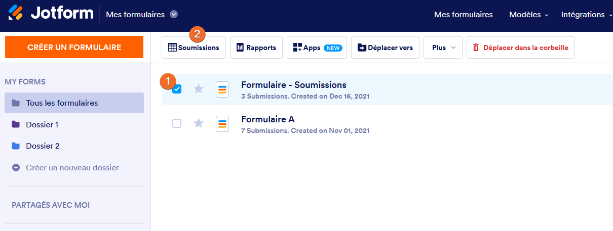 Mes formulaires - Voir les soumissions du formulaire