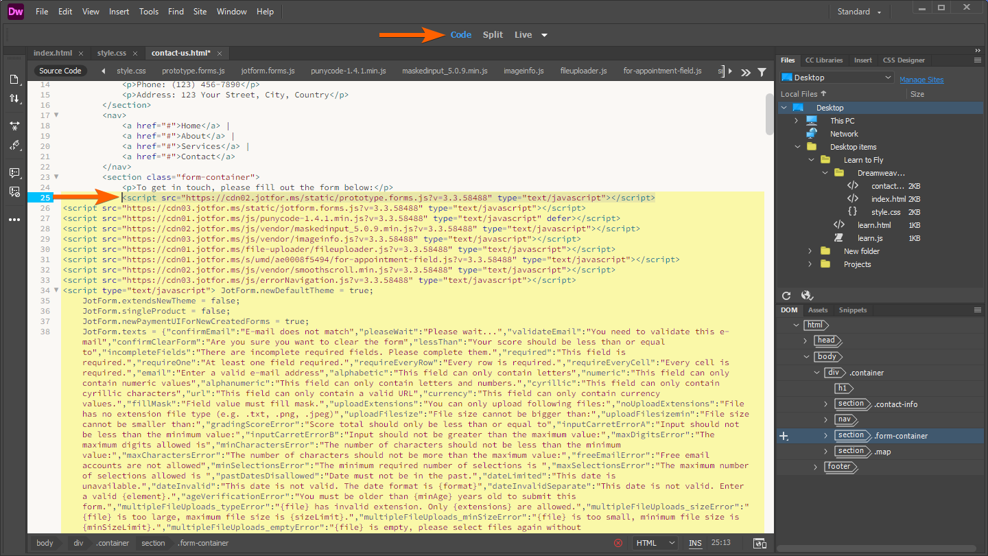 Capture d'écran du code d'intégration du formulaire Jotform en mode Code dans Adobe Dreamweaver