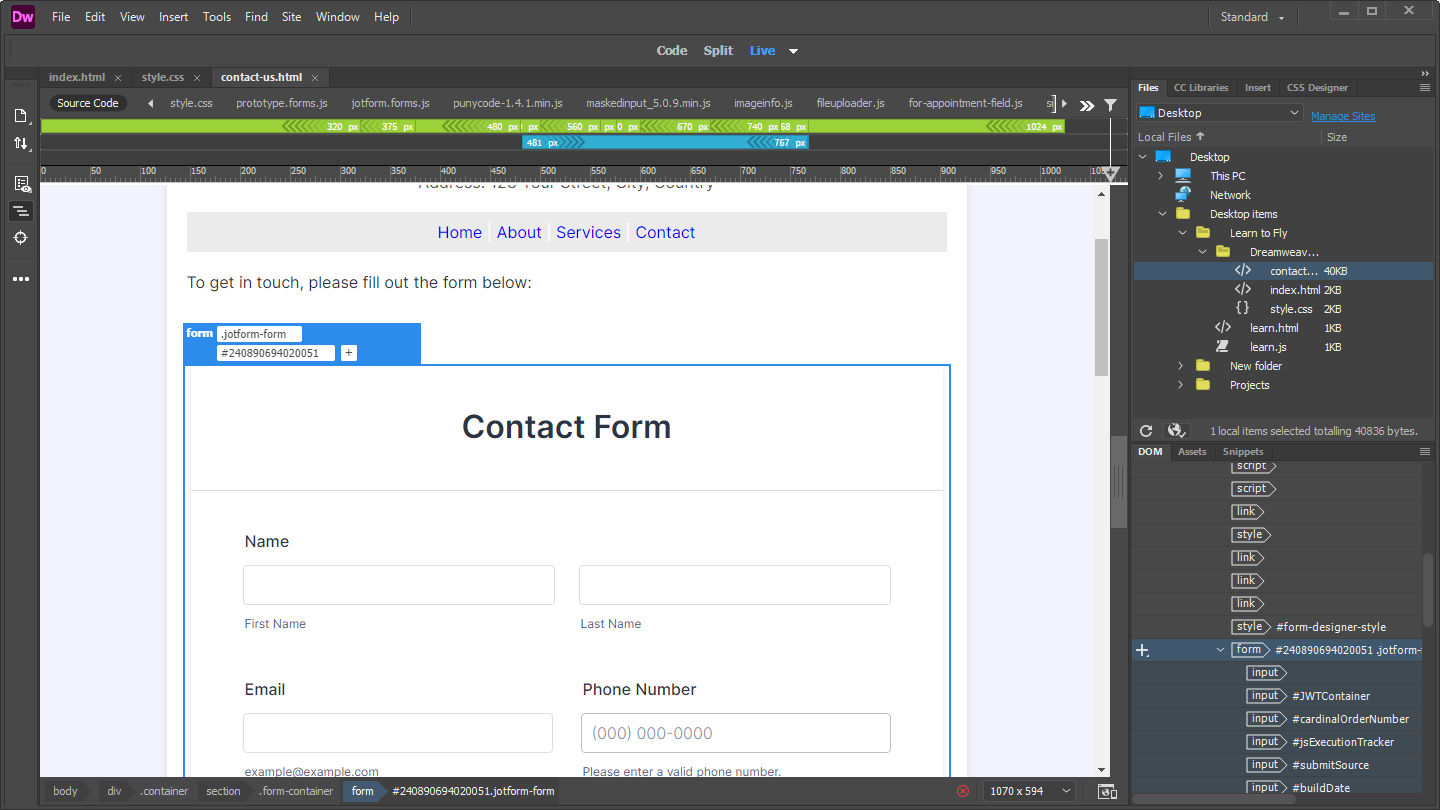 Capture d'écran du formulaire mis en ligne dans Adobe Dreamweaver