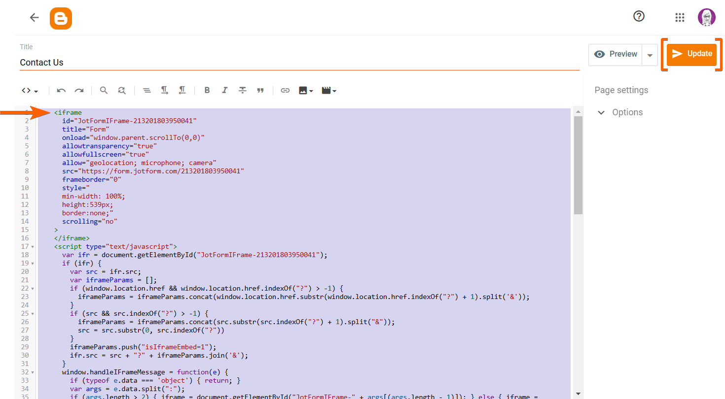 A screenshot of Blogger with highlights on the form's embed code in the editor and Update button