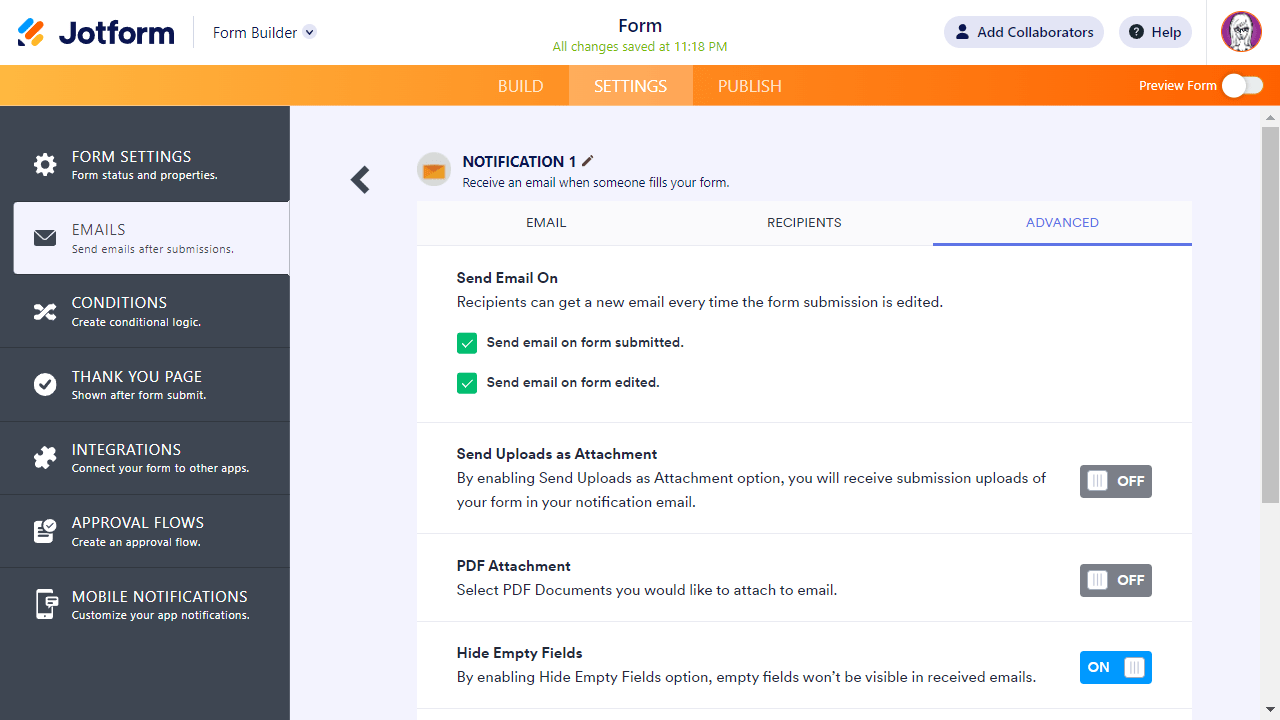 Form builder settings advanced