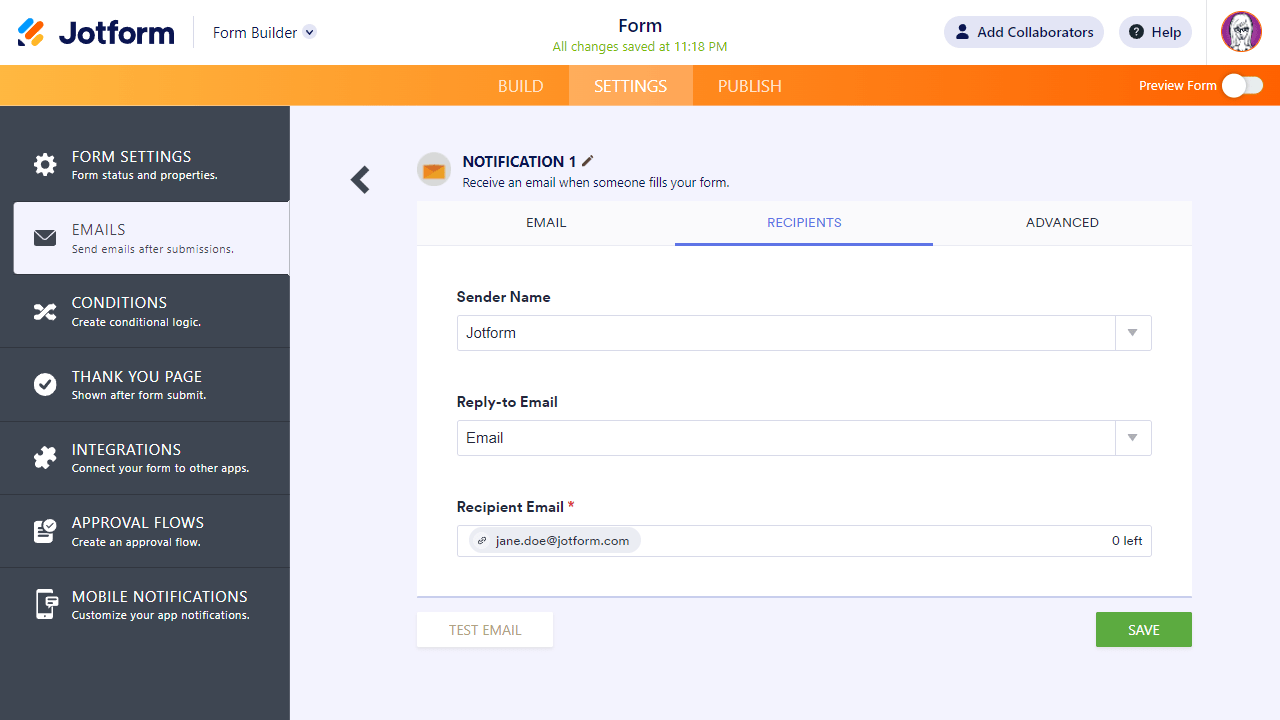 Form builder settings recipients