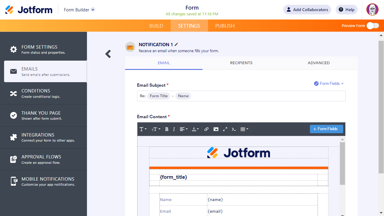 Form builder settings emails