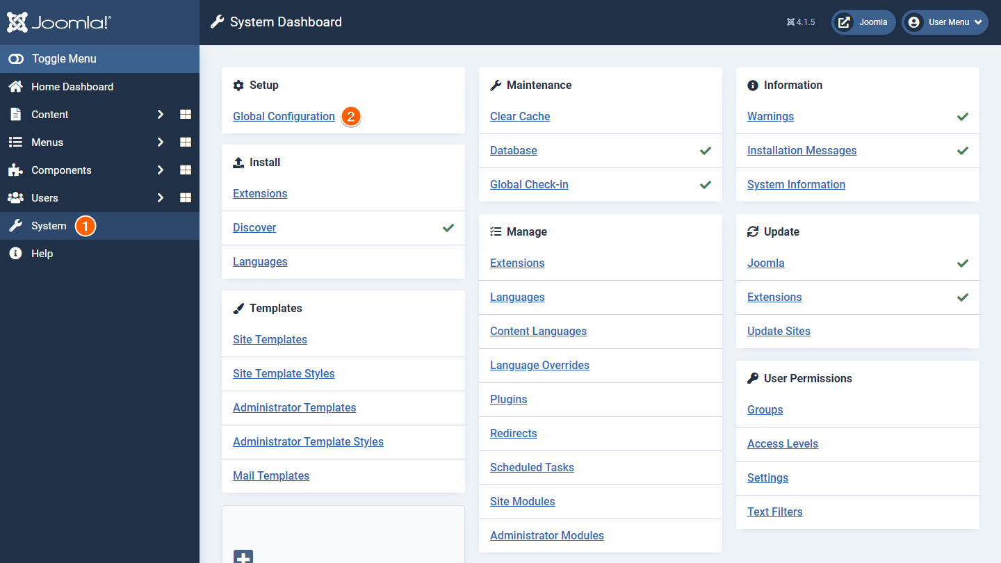 Steps to access global configurations in Joomla