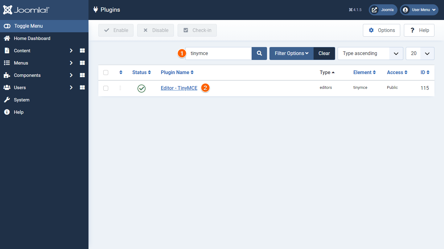 Steps to search and select TinyMCE in Joomla