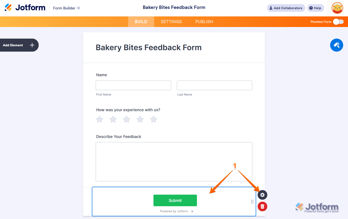 Click gear icon on Submit button in Jotform