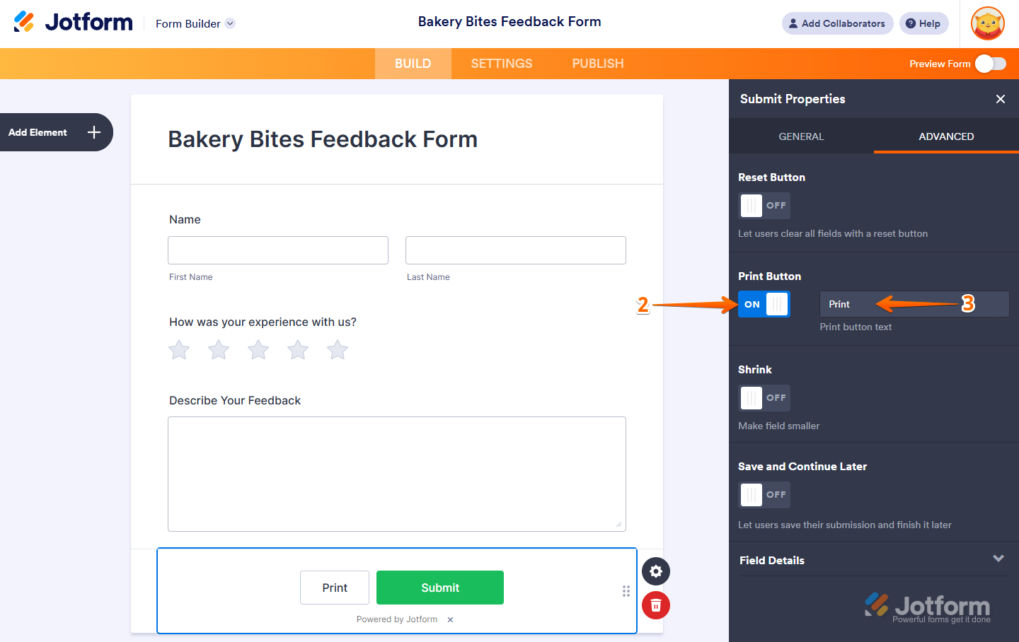 Toggle Print button on in Submit Properties in Jotform