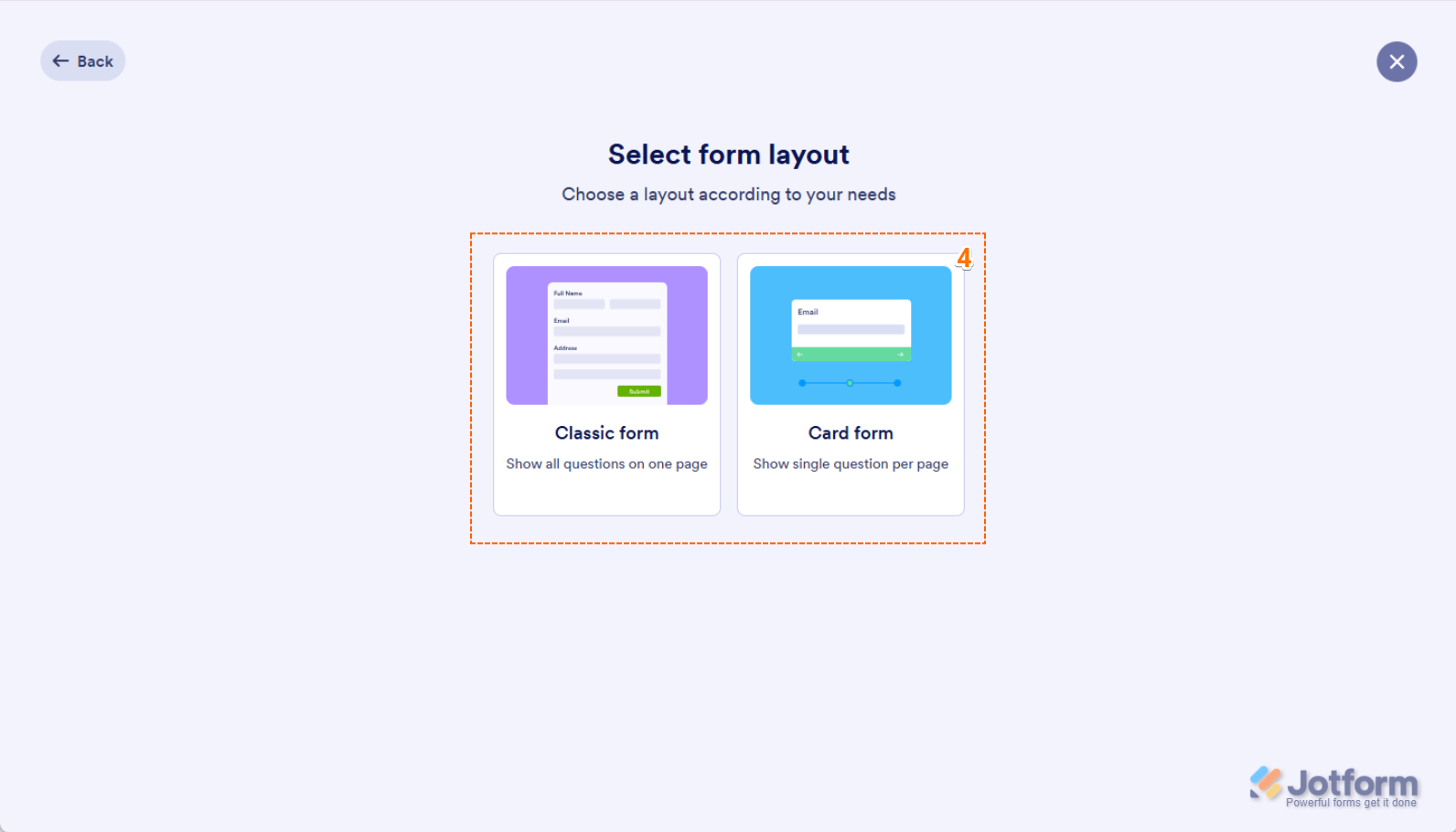Form layout selection screen with 'Classic Form' and 'Card Form' in Jotform