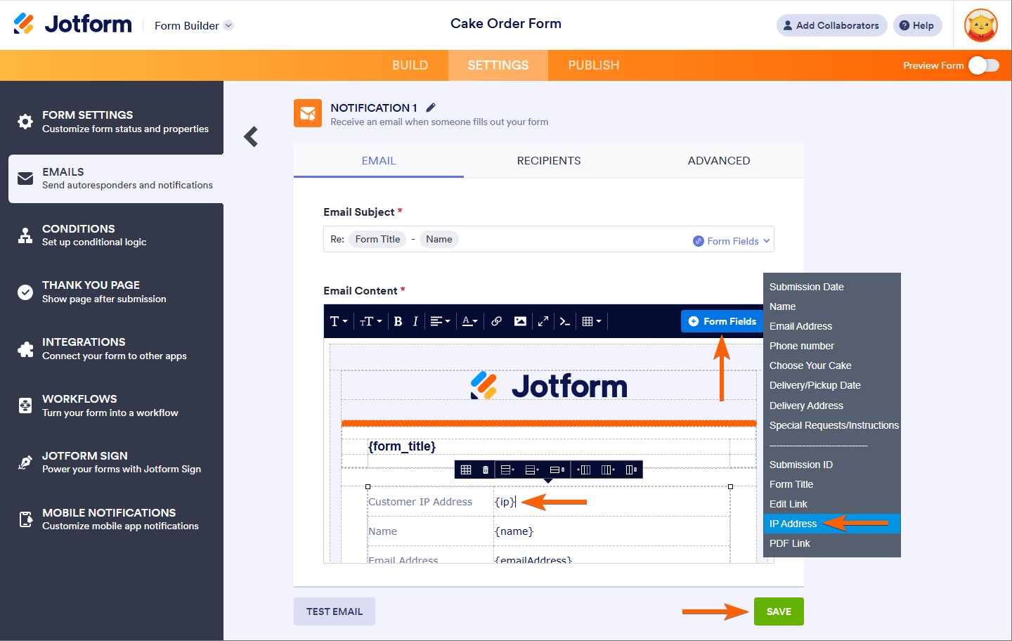 Opción de IP de Envío en el menú Campos del Formulario del contenido de Correo Electrónico de Notificación en la configuración de correo electrónico del Constructor de Formularios de Jotform