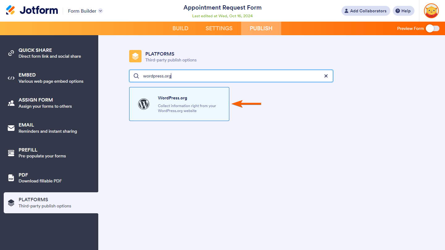 WordPress option in Platforms tab of Form Builder in Jotform
