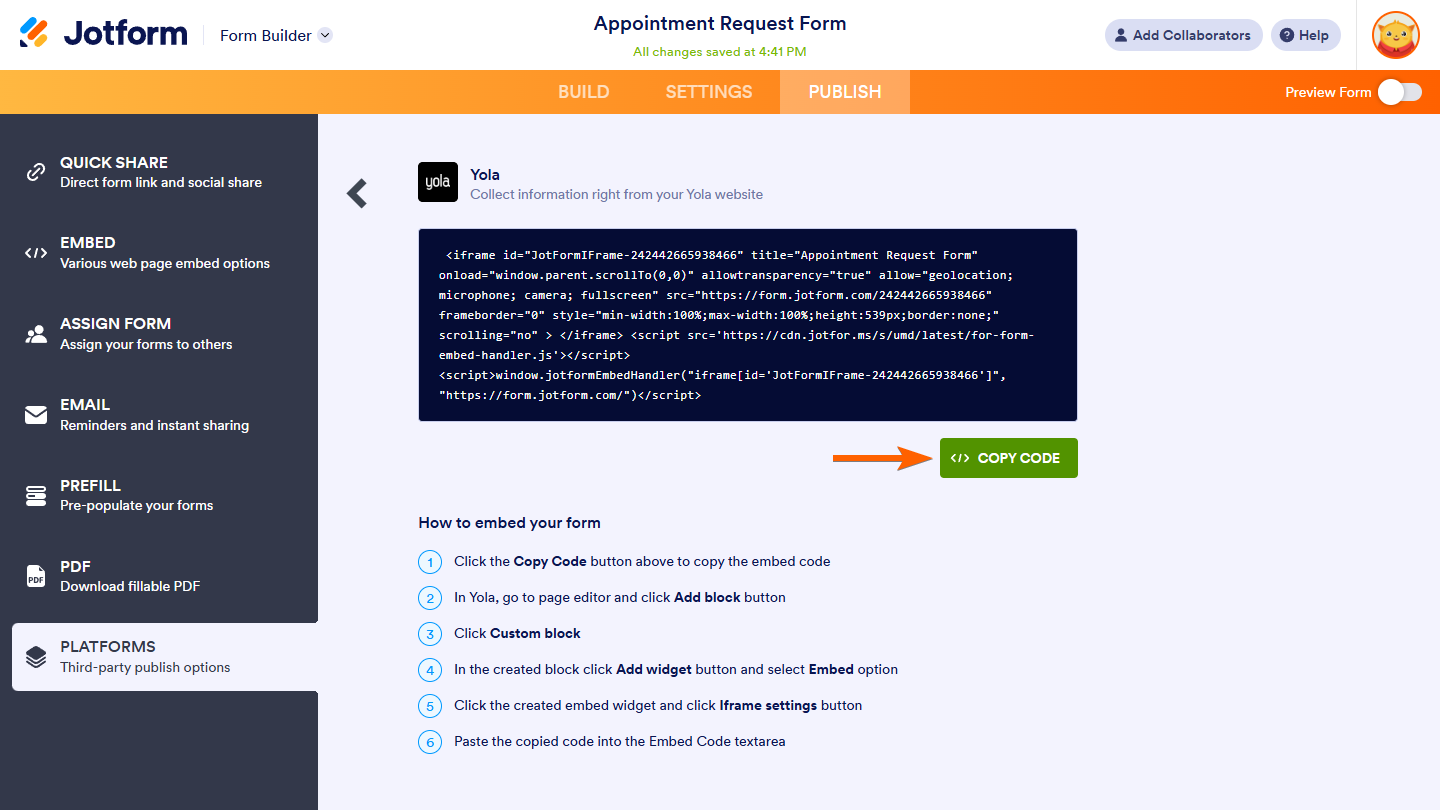 Yola Copy Code button in Platforms tab of Form Builder in Jotform