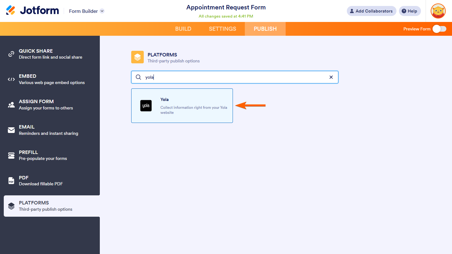 Yola publish option in Platforms tab of Form Builder in Jotform