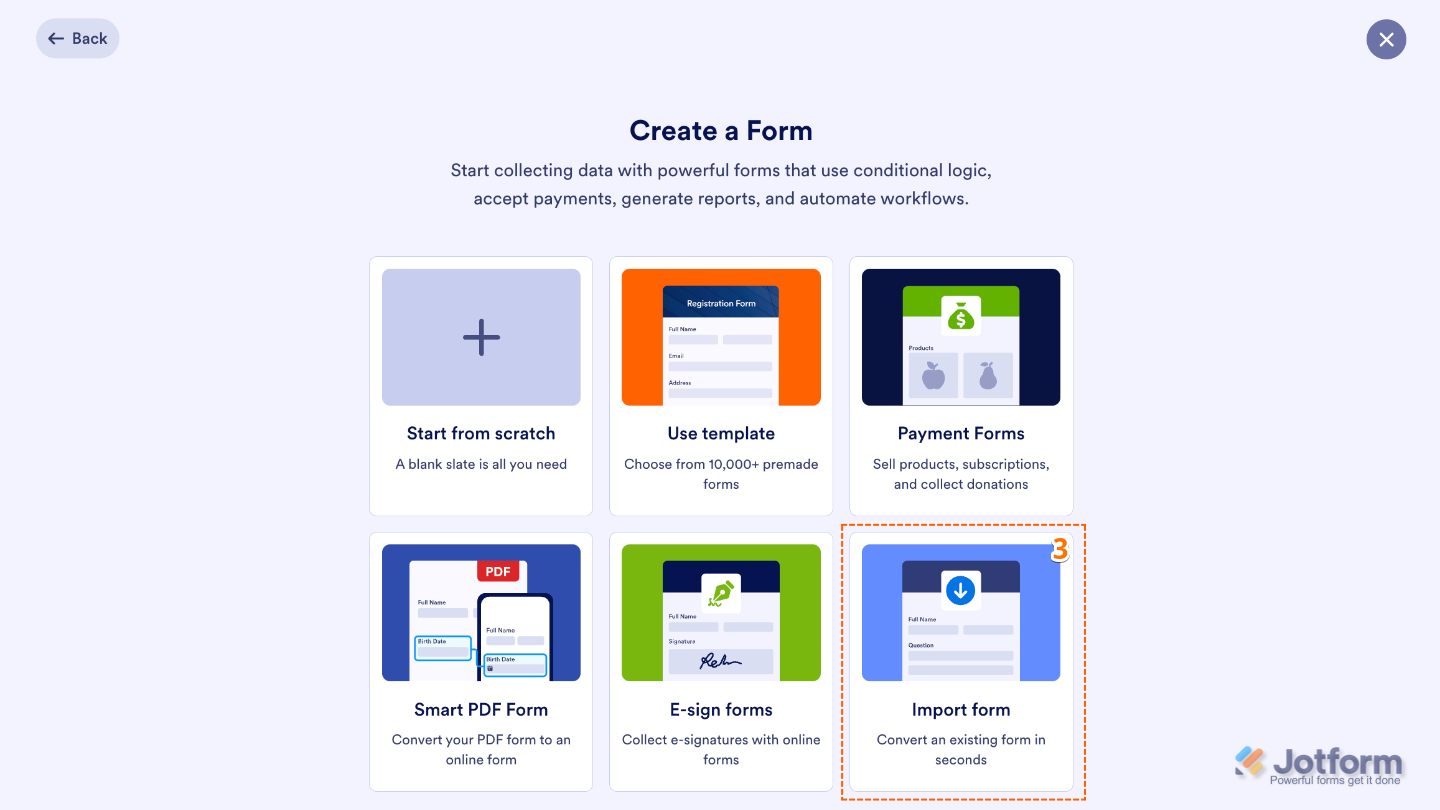 Import Form option in the Create a Form window on the Jotform My Workspace page