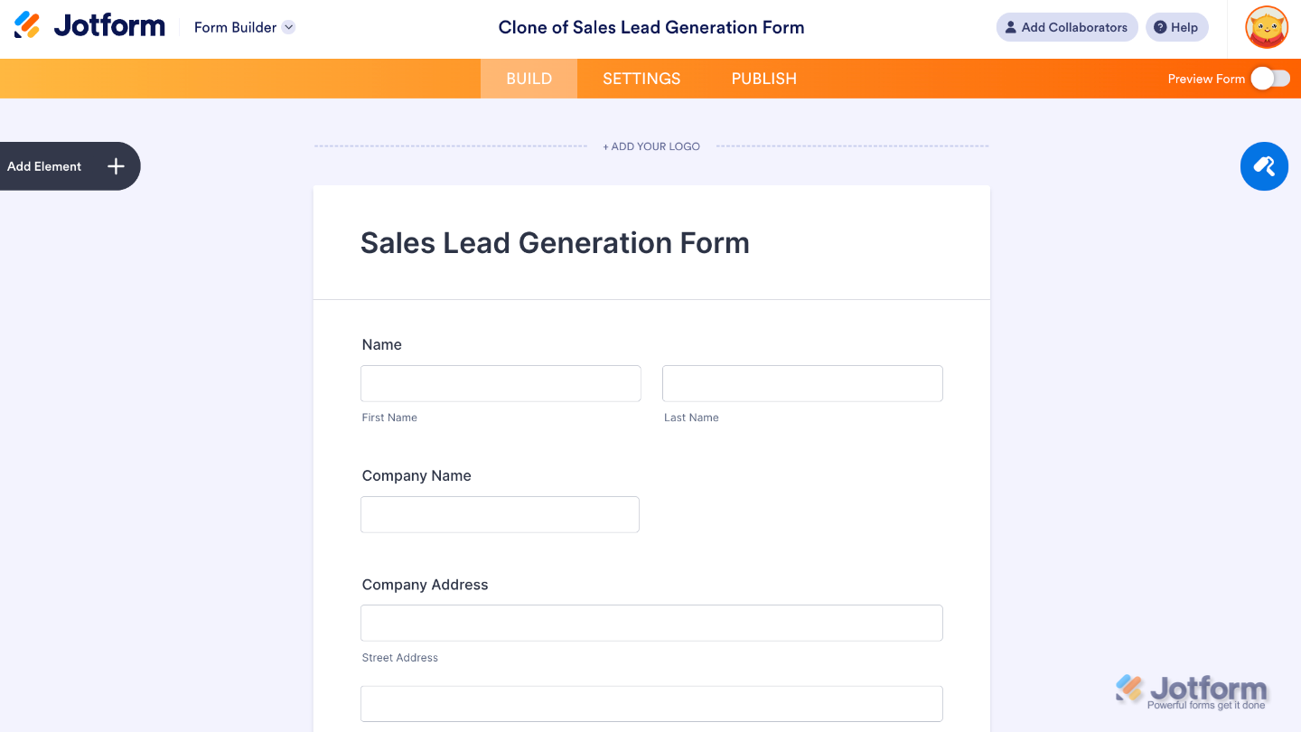 Newly created cloned form in the Jotform Form Builder