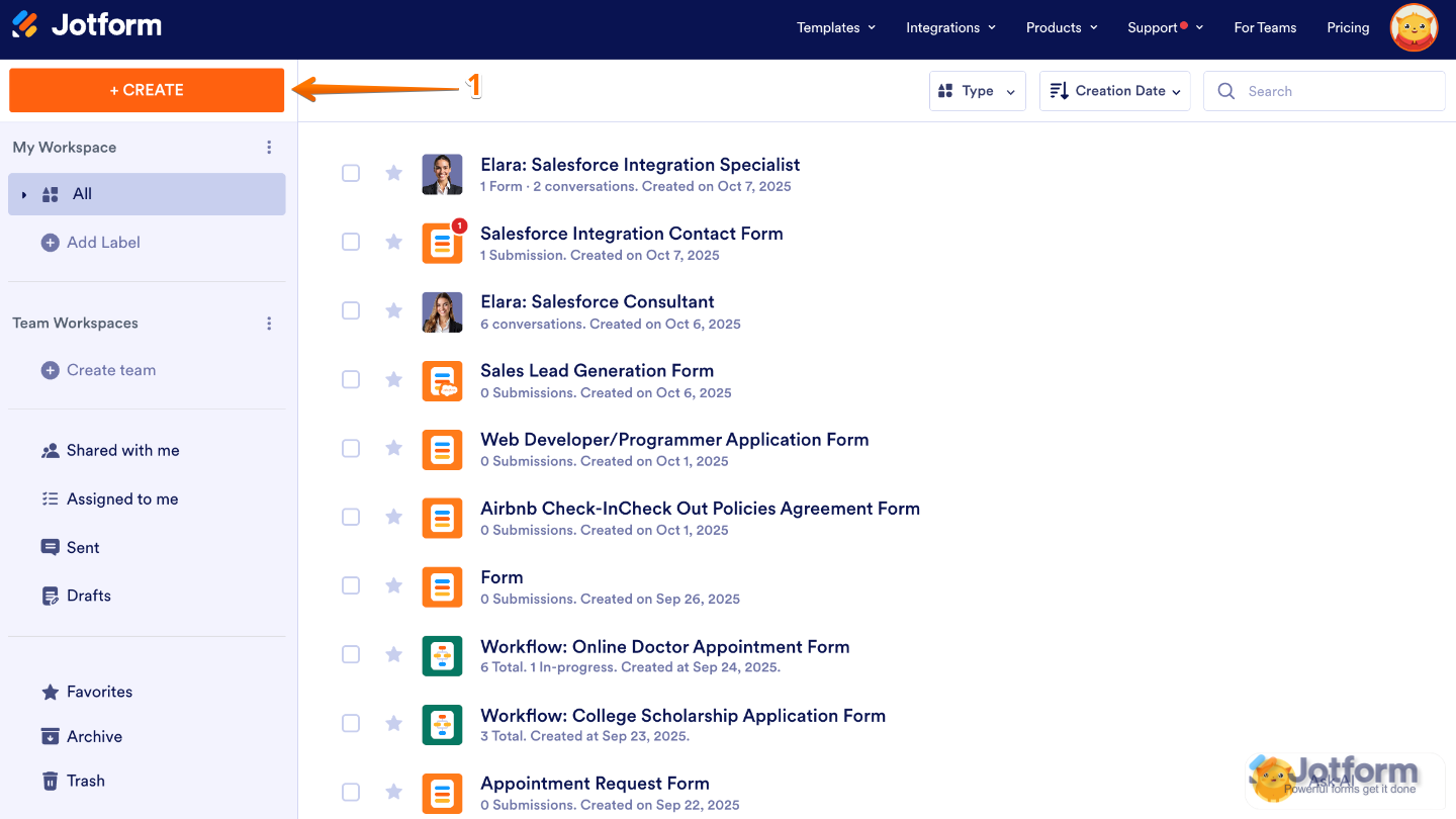 Create Asset button on the Jotform My Workspace page