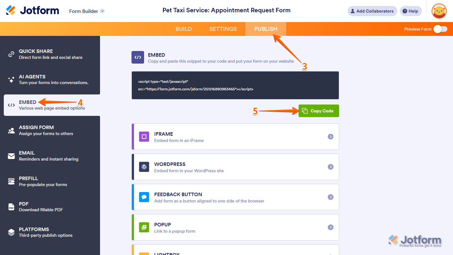 Copy Code button in the Embed section of the Jotform Form Builder Publish tab