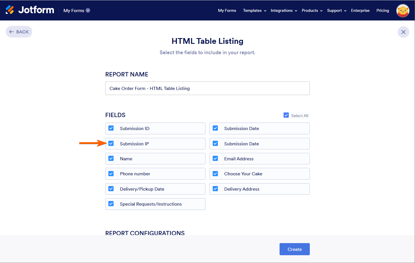 Opción de campo IP de Envío en la sección de Configuración de Informe de Lista de Tabla HTML de Mi Página de Formularios de Jotform