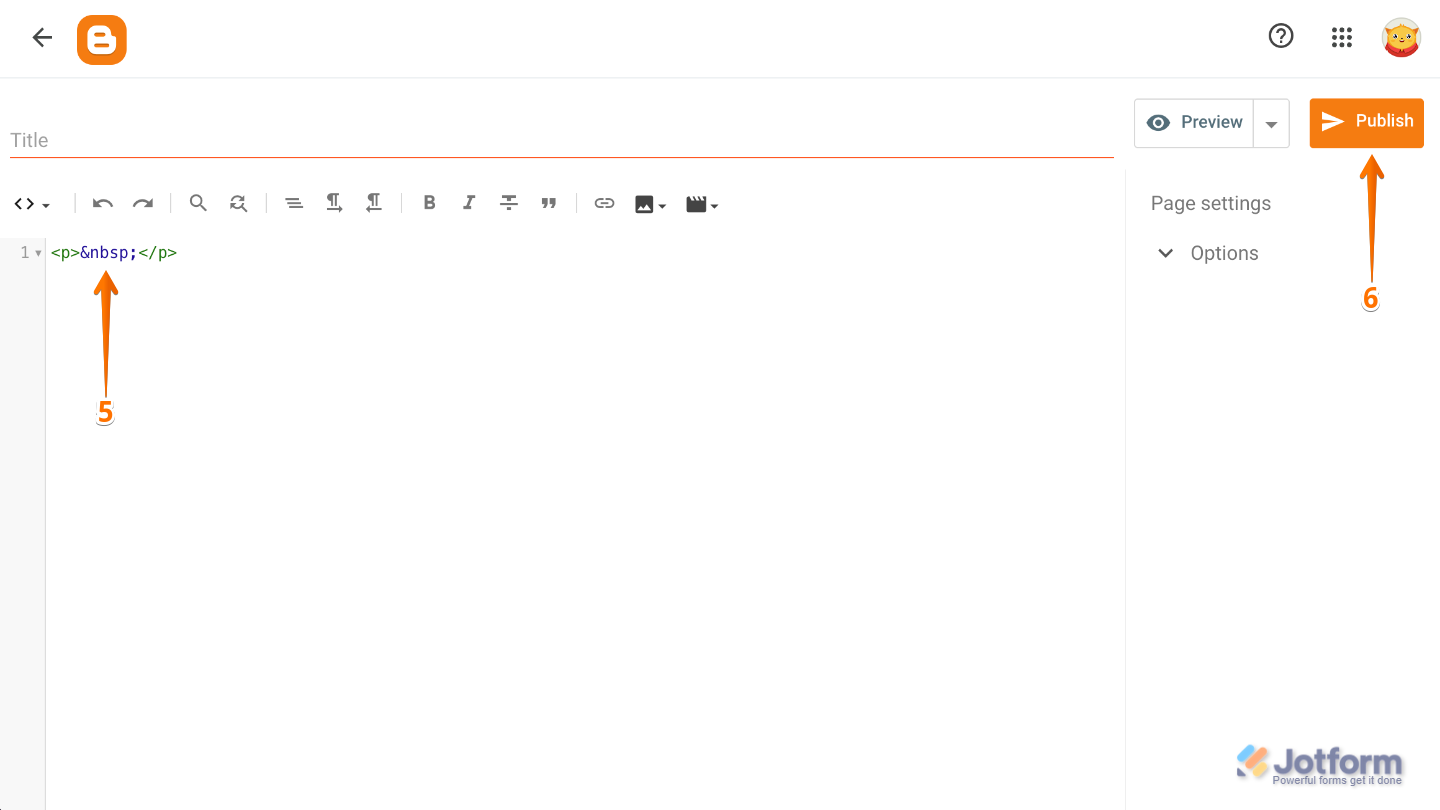 Blogger page editor showing a page title field and content box with embed code pasted before publishing