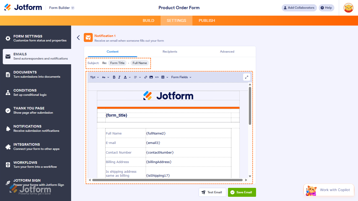 Notification Email Content Tab in Jotform