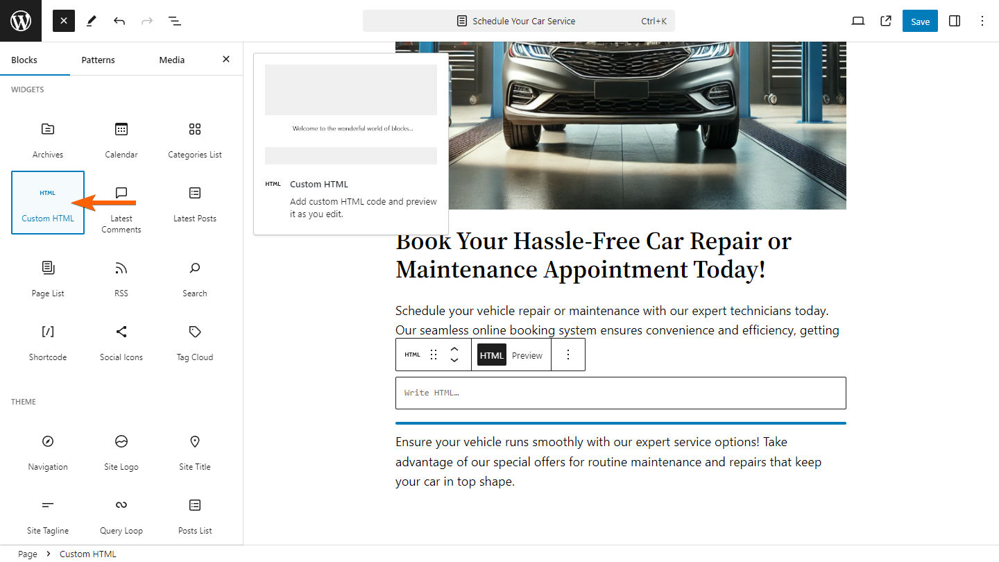 Custom HTML block under the Block Inserter menu in WordPress Gutenberg Editor