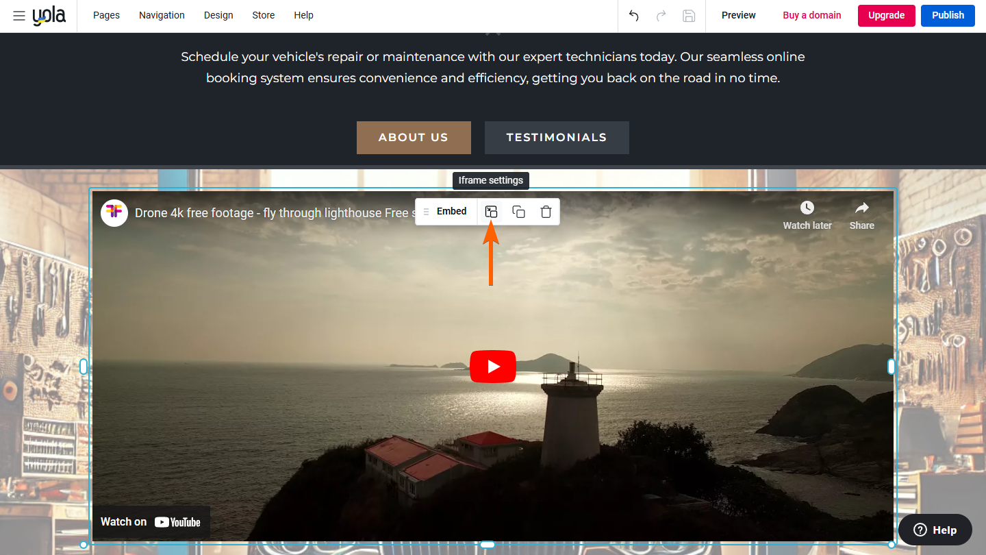 Iframe settings button of the Embed Code widget in Yola Sitebuilder canvas