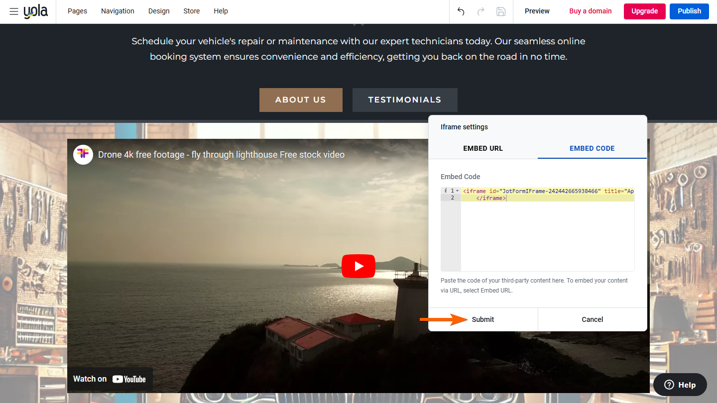 Form embed code in the embed code tab of the Iframe settings window on the Yola Sitebuilder