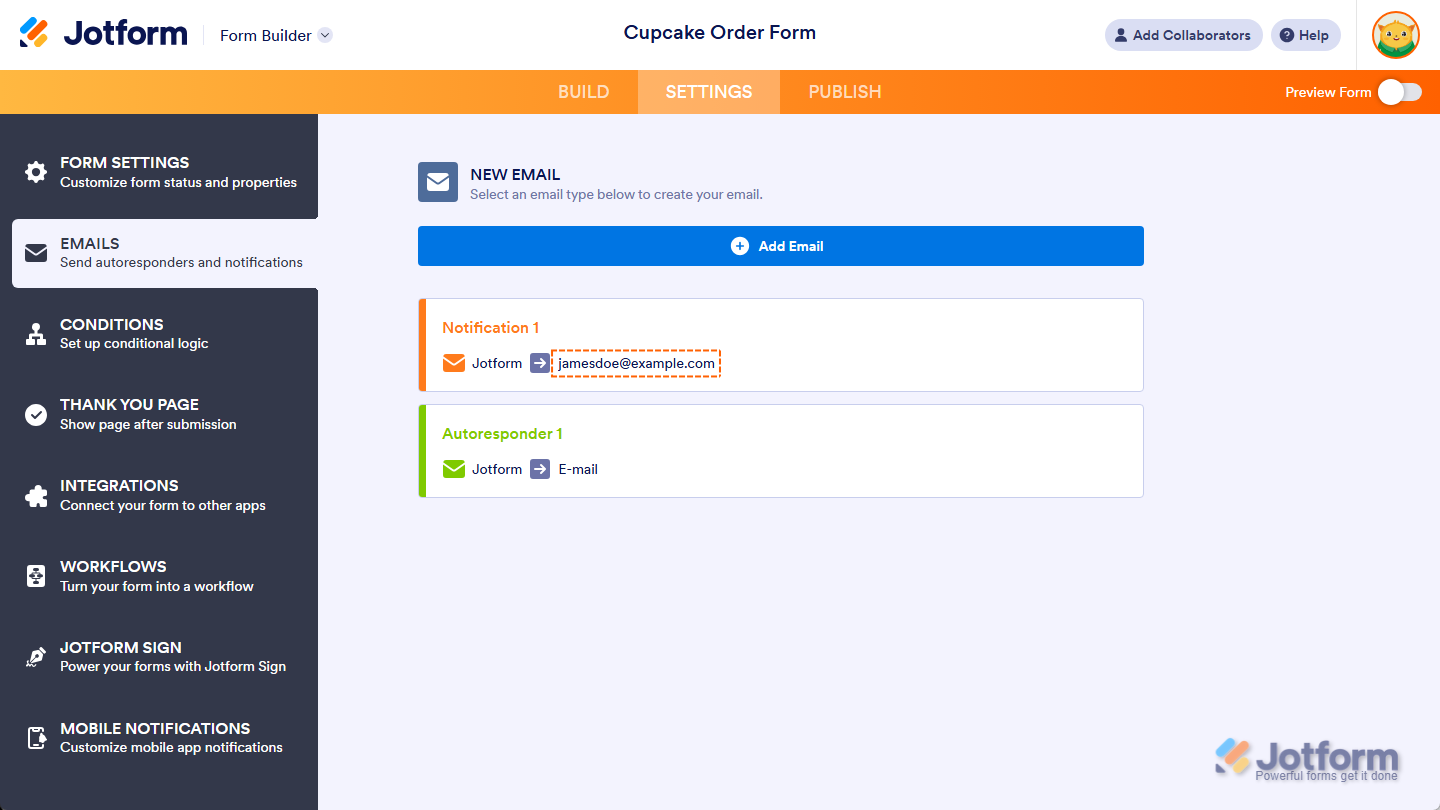 New Email recipient for Notification Email in the Emails menu of the Jotform Form Builder Settings tab