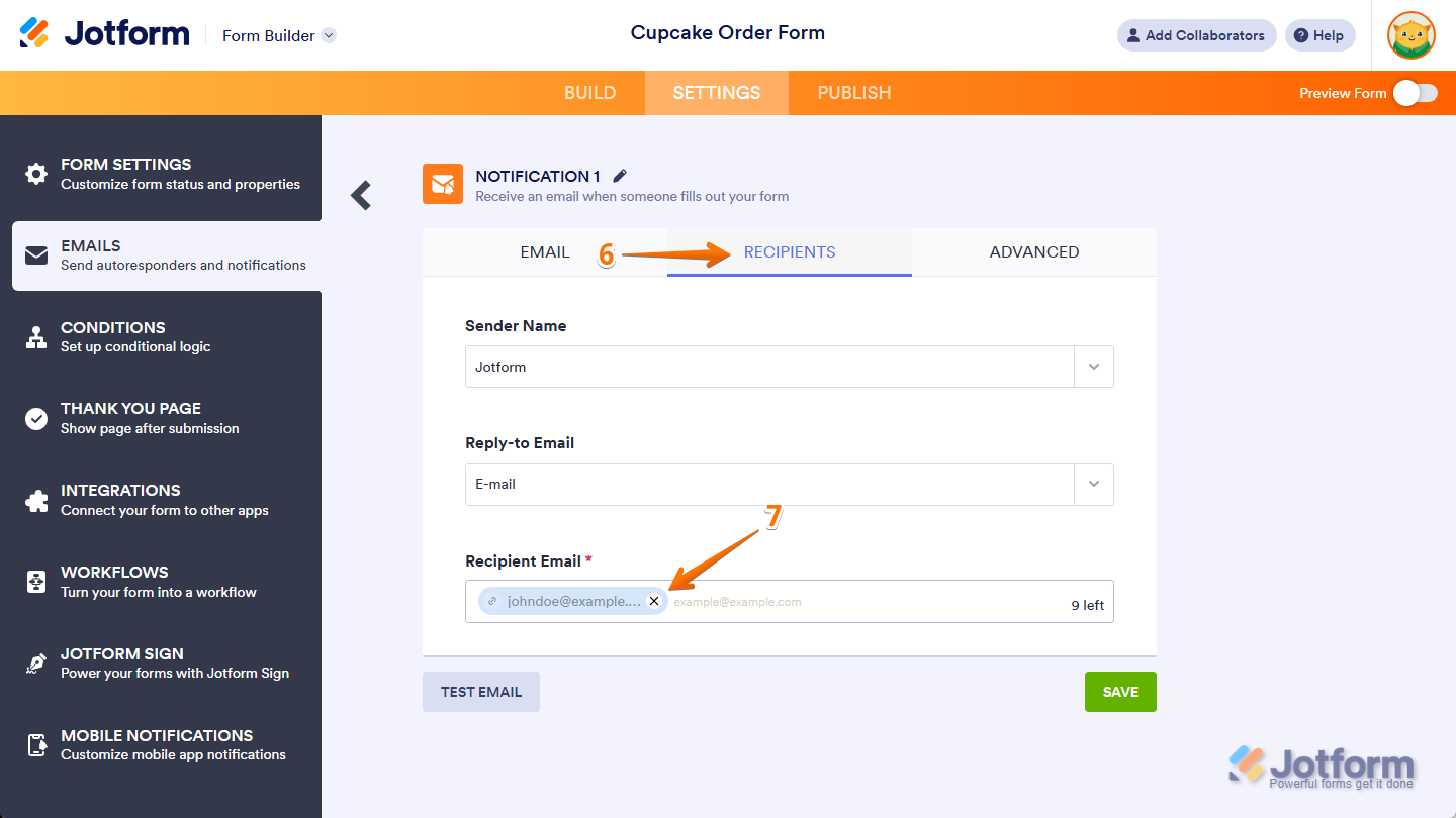 Delete email address button in the Recipient Email setting in the Recipients tab of the Notification Email settings in the Emails menu of the Jotform Form Builder Settings tab