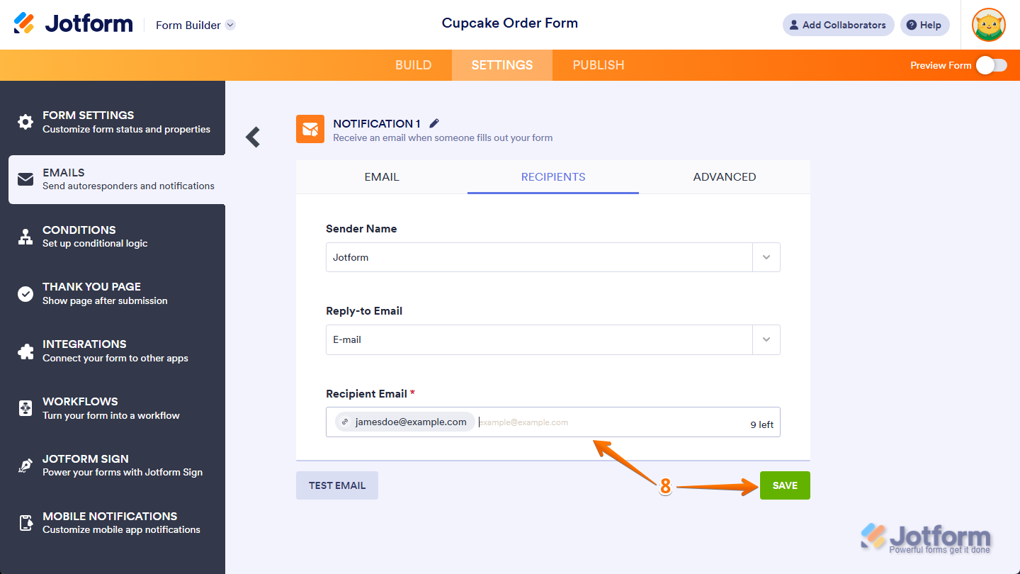 New recipient email and Save button of the Notification Email settings in the Emails menu of the Jotform Form Builder Settings tab
