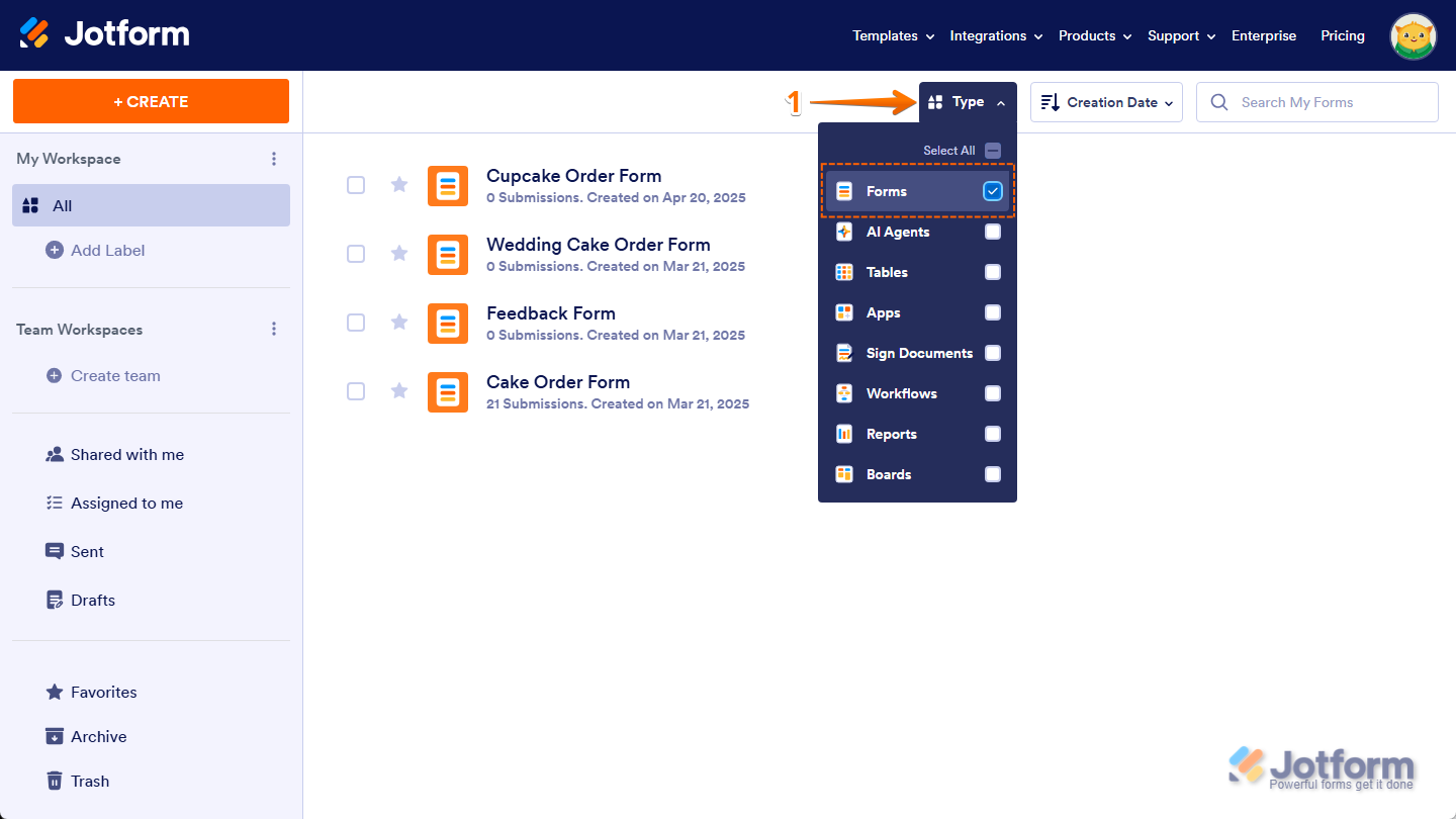 Forms option checked in the Type dropdown menu on the Jotform My Workspace page