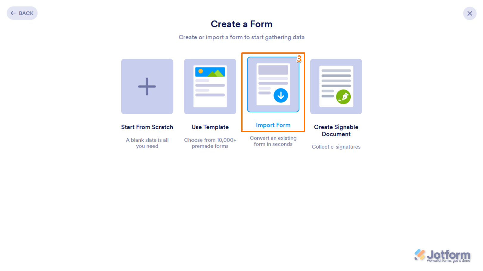 Import Form option in the Create a Form window on the Jotform My Workspace page