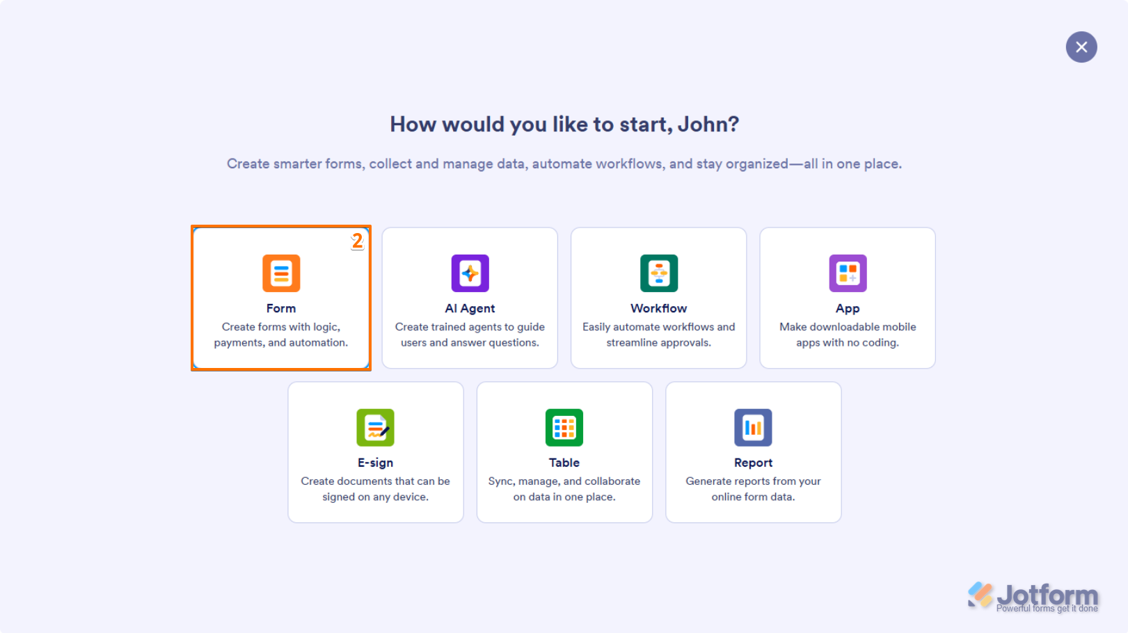 Form option in the Select Asset window on the Jotform My Workspace page