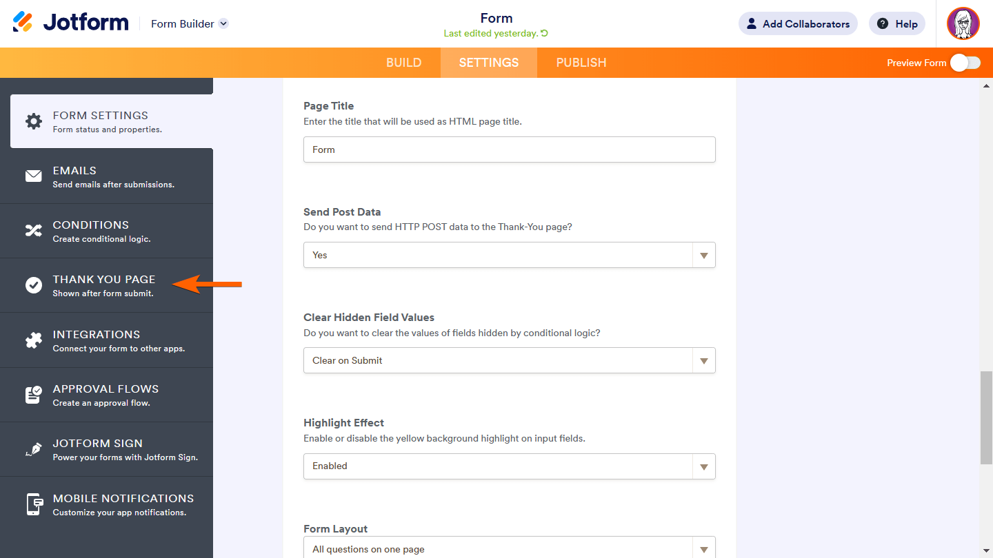 An arrow pointing to the Thank You Page tab in Form Builder