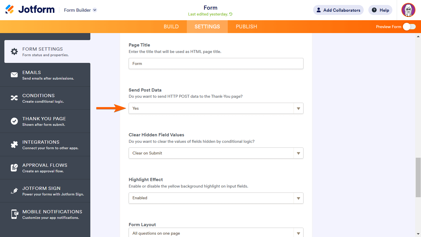 An arrow pointing to the enabled Send Post Data option