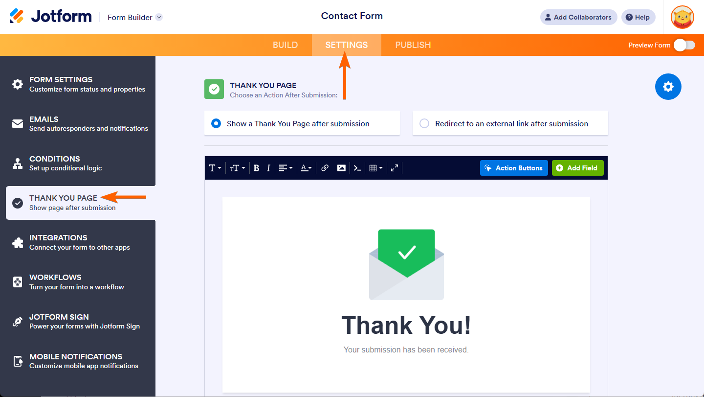 Thank You Page settings in Jotform Form Builder
