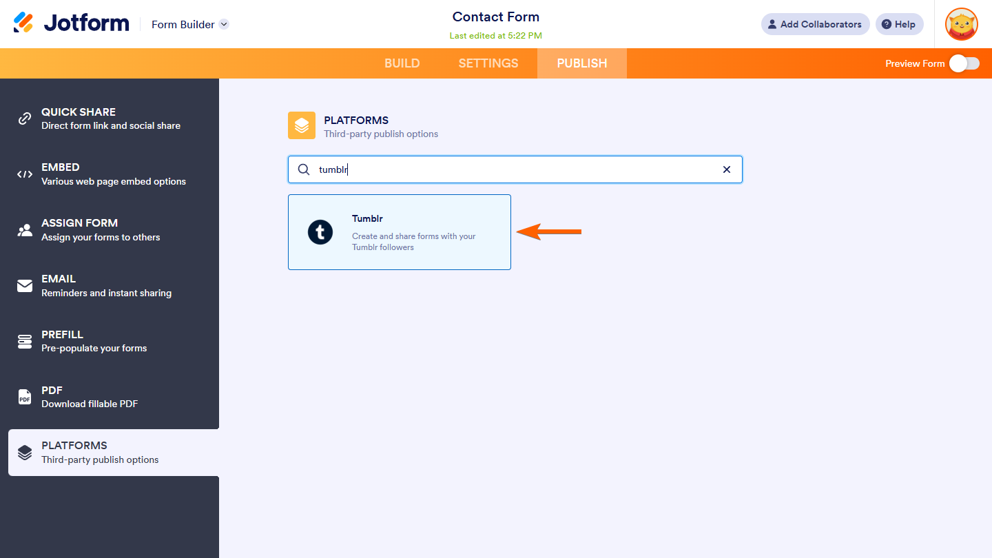 Tumblr publish option in Platforms tab of Form Builder in Jotform