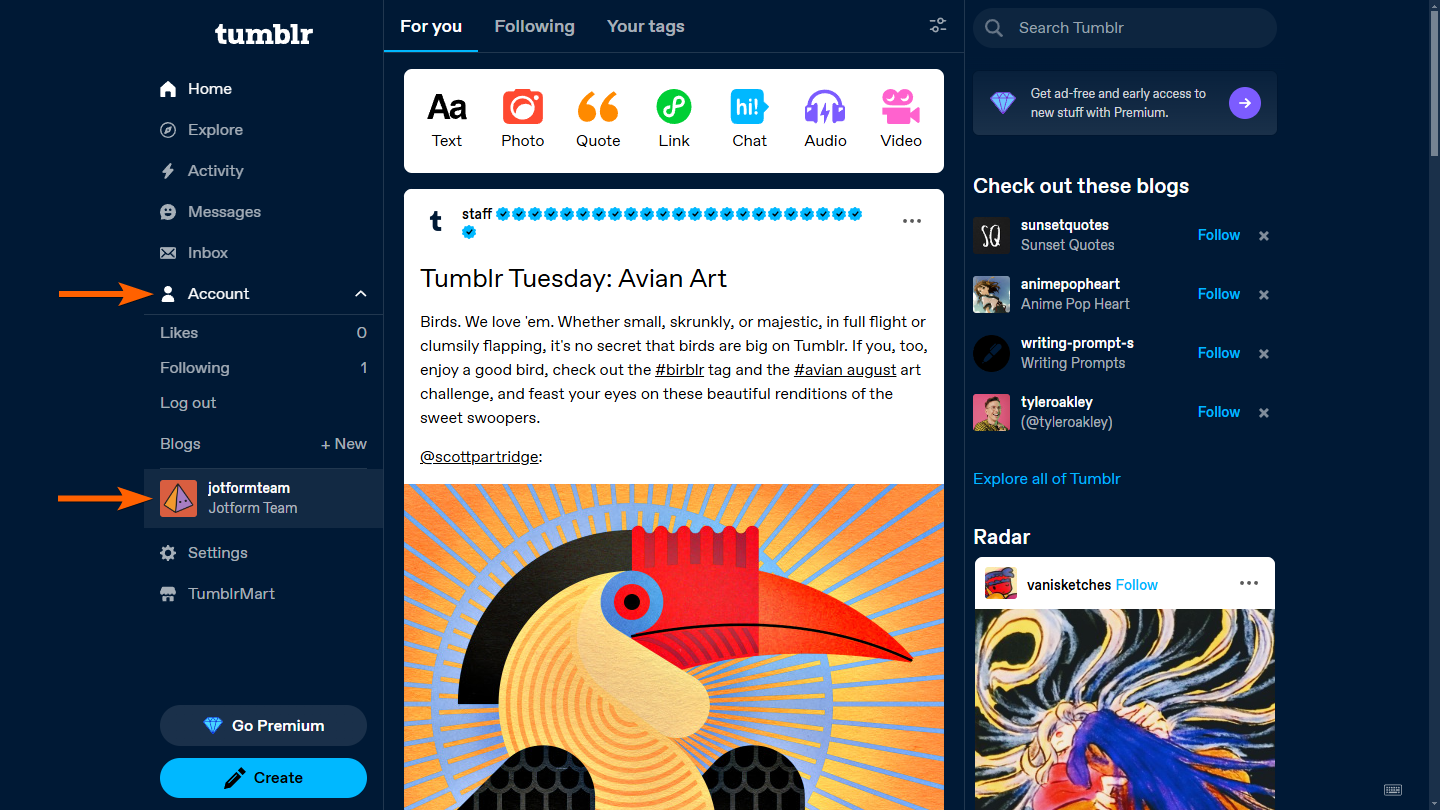 Blogs in the Account tab of the Tumblr Dashboard